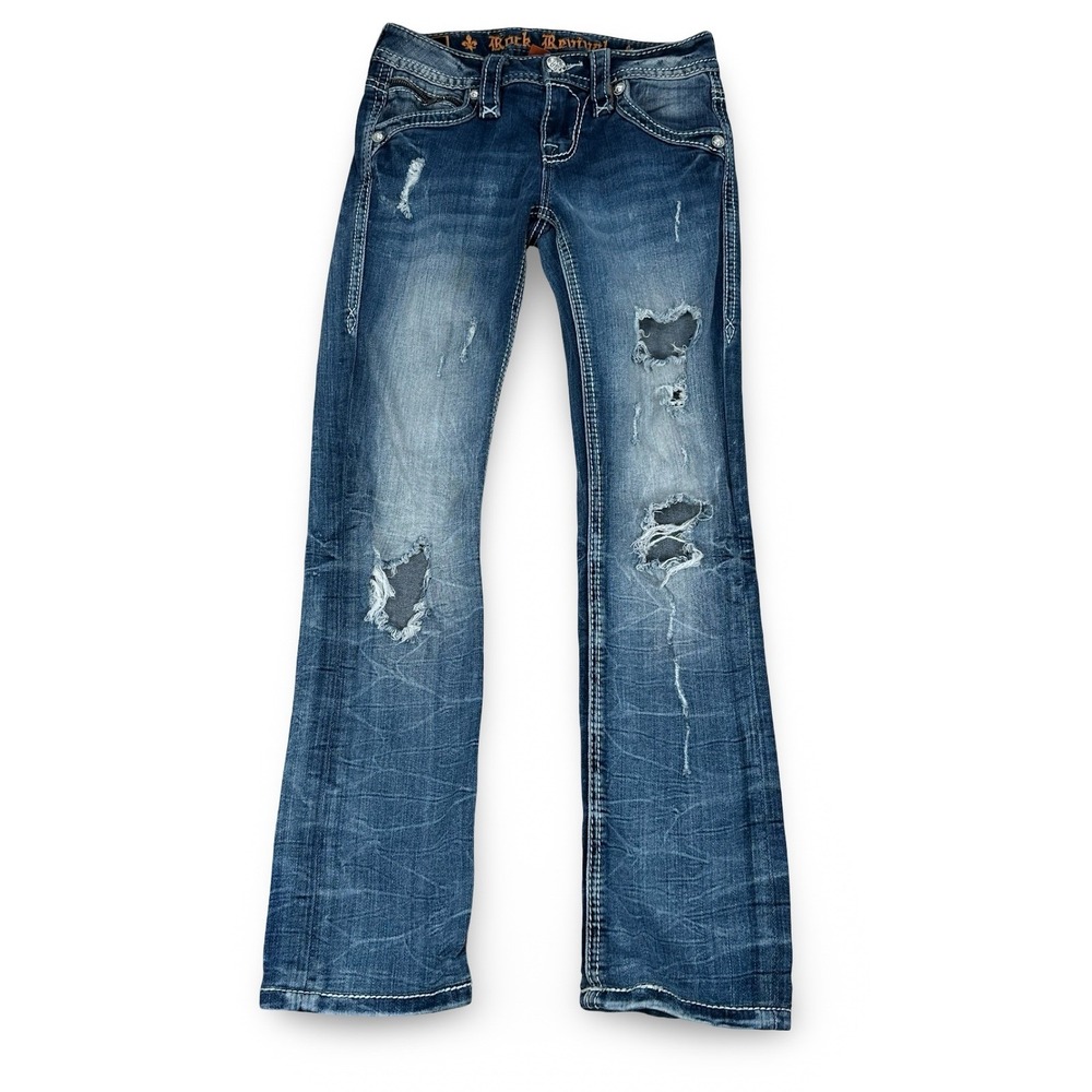 Rock Revival Lam Mid Rise Straight Jeans Distressed Blue Fleur De Lis Size 24